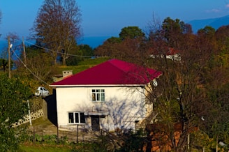 A two-story white house with a vibrant red roof is situated in a rural area surrounded by trees with sparse leaves. The background includes a glimpse of mountains and a clear blue sky. Several electrical poles and wires are visible around the property. The house has a few windows and a door on the first floor. There is an open grass area and a concrete path leading to the house.