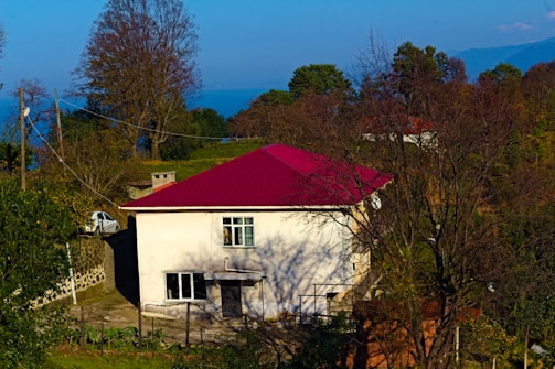 A two-story white house with a vibrant red roof is situated in a rural area surrounded by trees with sparse leaves. The background includes a glimpse of mountains and a clear blue sky. Several electrical poles and wires are visible around the property. The house has a few windows and a door on the first floor. There is an open grass area and a concrete path leading to the house.