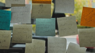 Several colorful sticky notes are attached to a glass surface, each with various handwritten messages and drawings. The notes are in different colors including brown, blue, and orange, featuring motivational quotes and simple illustrations like smiley faces and stick figures.