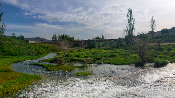 A serene landscape featuring clear water flowing over smooth stones beneath a cloudy sky.