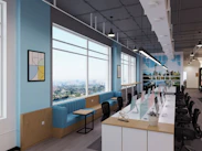 A modern office space with maps of Australia and Asia highlighting international connections.