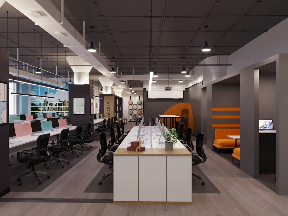 an office with a long table and chairs