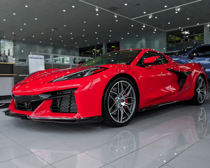 A shiny red sports car parked under bright showroom lights, reflecting the sleek design.