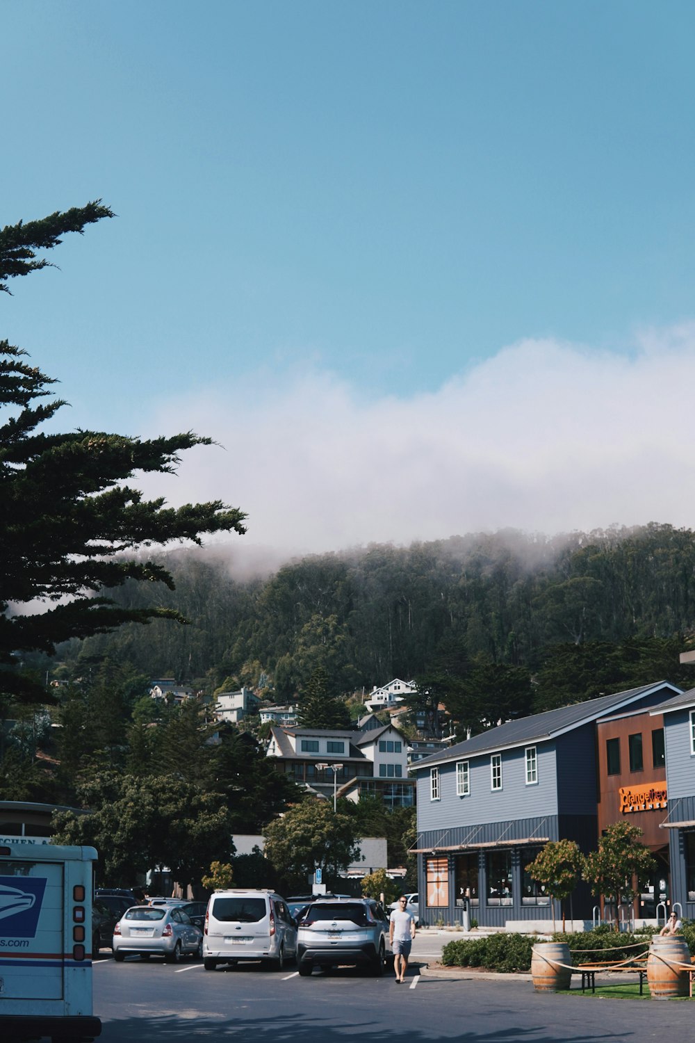 a town with a mountain in the background