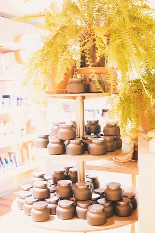 A neatly arranged set of Moh Kaya jars with subtle tropical leaf accents and parchment cream background.