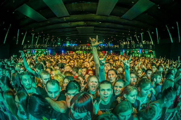 Spectators cheering with excitement at a live performance.