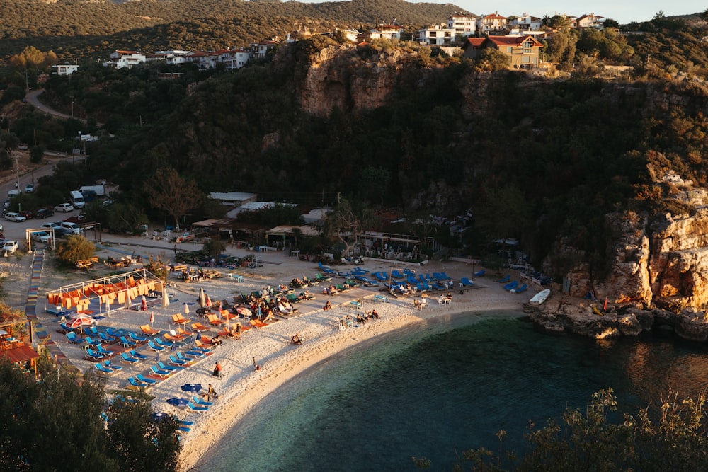 a beach with a lot of chairs and umbrellas