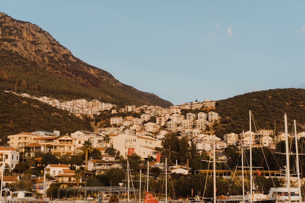 a harbor filled with lots of boats next to a mountain