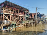 Several colorful stilt houses are built along a waterway, with wooden staircases leading up to the structures. The stilts are visible beneath the houses, elevating them above the water level. Vegetation and potted plants decorate the balconies, and there are various items stored beneath the houses. The scene is lit by sunlight, casting reflections in the water.