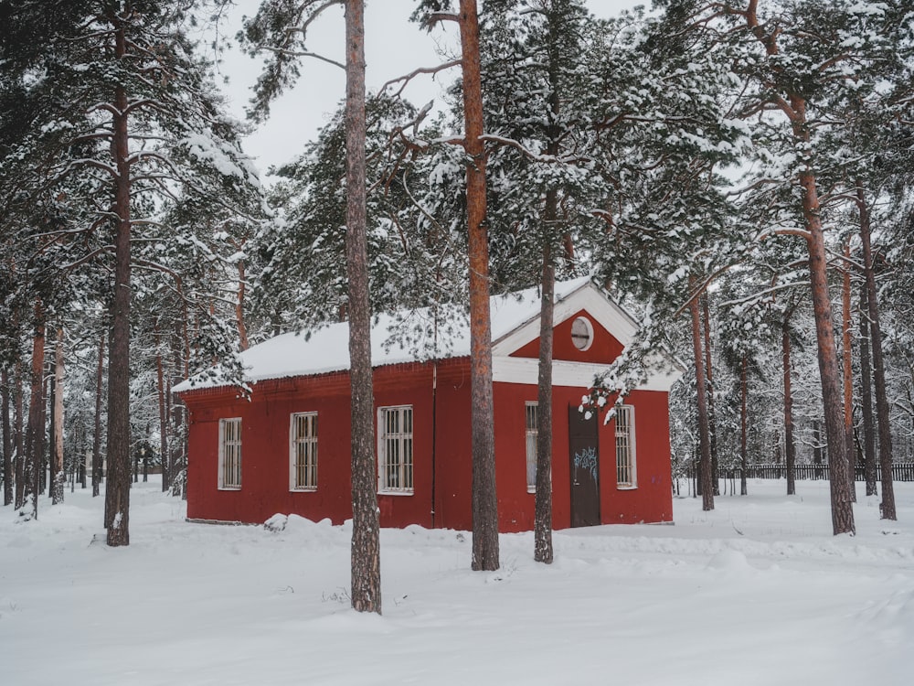 a small red cabin in the middle of a snowy forest