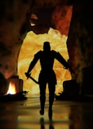 Pixel art of a fiery sword slashing with glowing lava sparks.