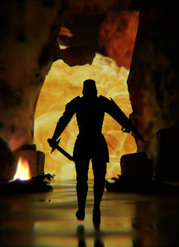 Close-up of a Hellfire character wielding a blazing sword, ready for battle.