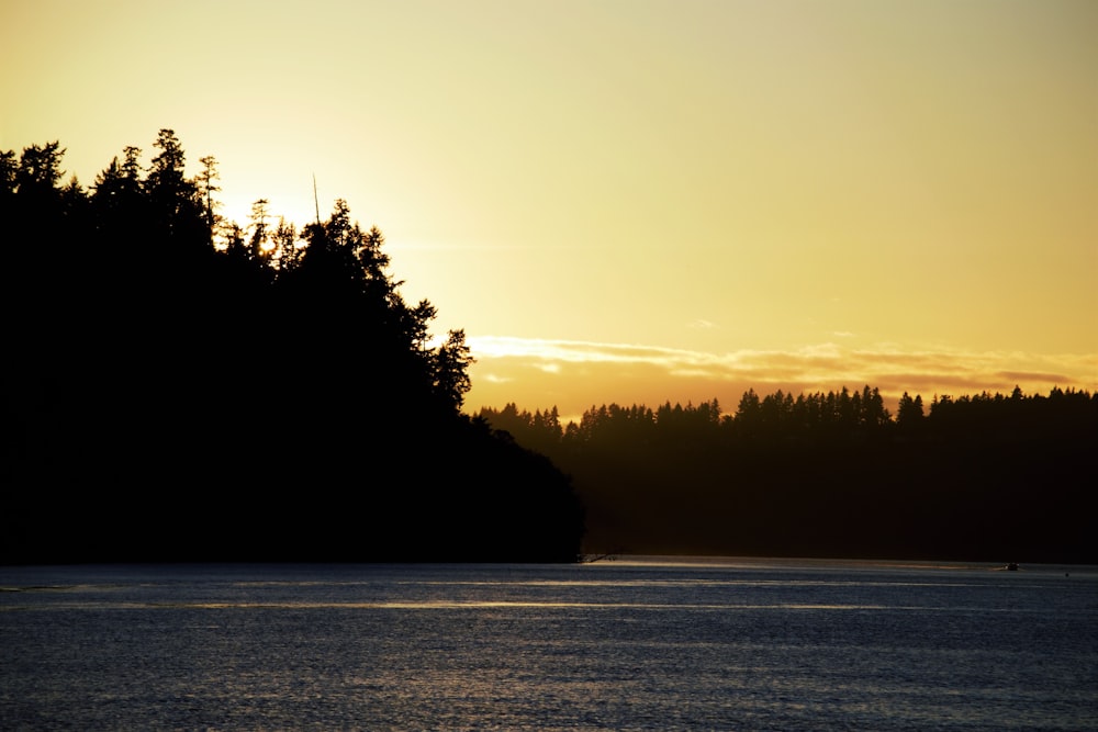 the sun is setting over the trees on the shore