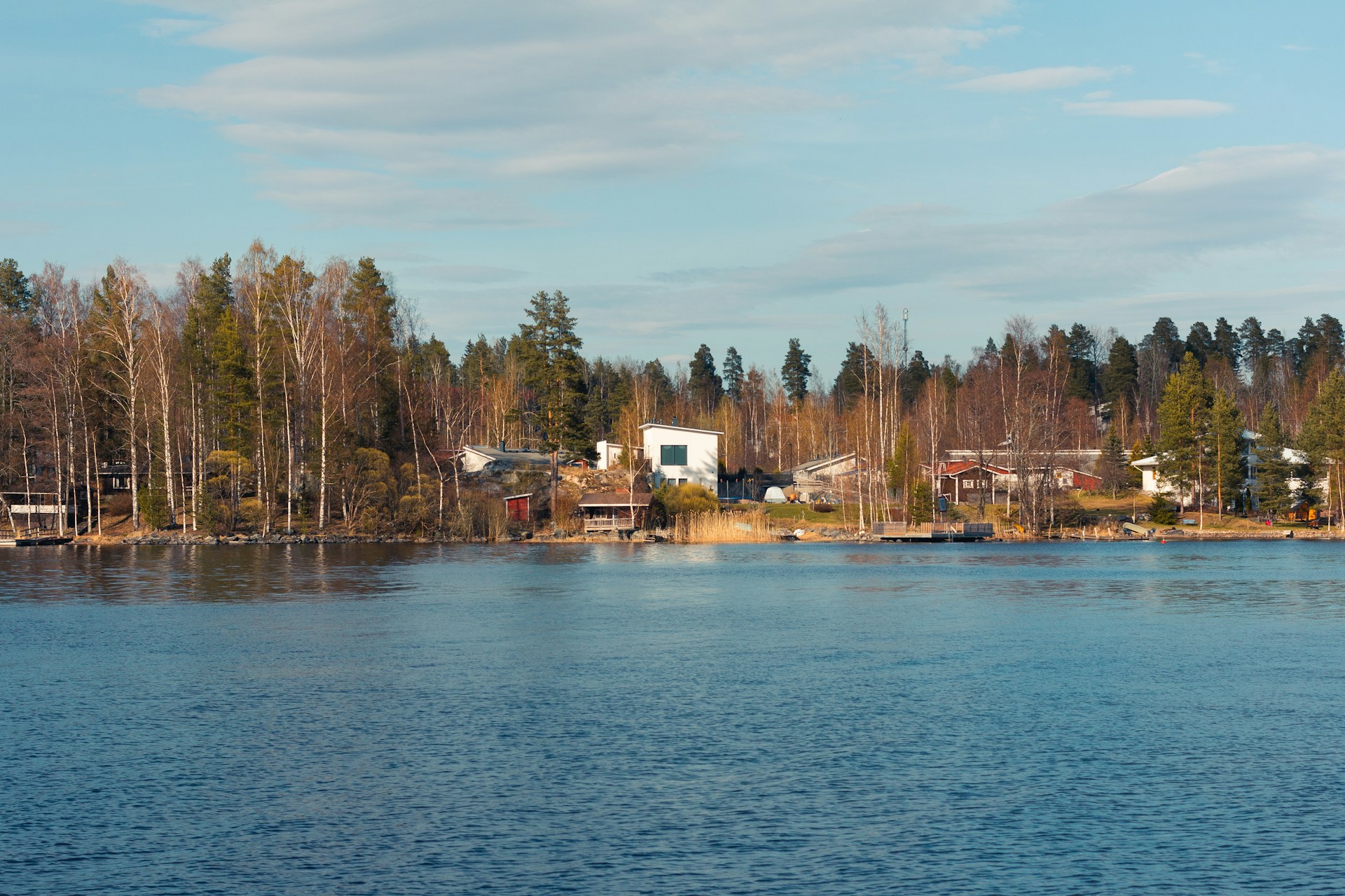 A serene lakeside scene featuring a cluster of houses nestled among tall birch and pine trees. The water in the foreground is calm, reflecting the clear blue sky. The area is quiet and natural, with a few modern houses dotting the shoreline.