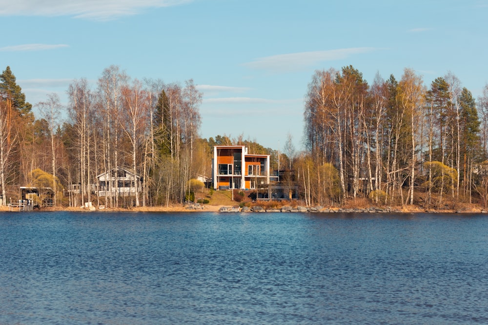 a large body of water surrounded by trees