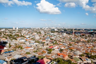 A panoramic view of a bustling Tamil Nadu neighborhood showcasing a mix of residential houses, apartments, and commercial buildings.