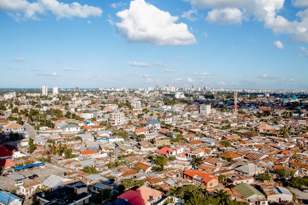 A panoramic view of a bustling Tamil Nadu neighborhood showcasing a mix of residential houses, apartments, and commercial buildings.