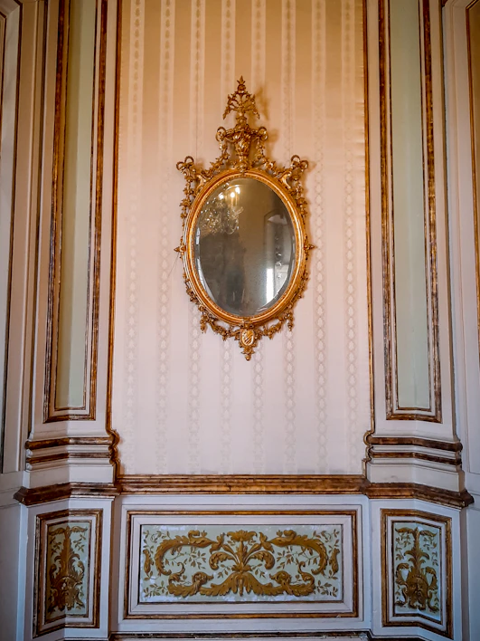 A beautifully detailed ornate wall mirror with an antique gold frame hanging on a cozy living room wall.
