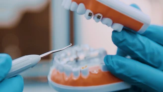 a person in blue gloves holding a toothbrush