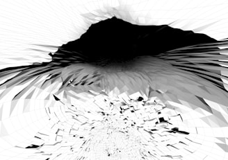 A digital artwork featuring an abstract design composed of geometric patterns in black, white, and shades of gray that create a sense of depth and movement. The shapes form a vortex-like structure that appears to be collapsing inward.