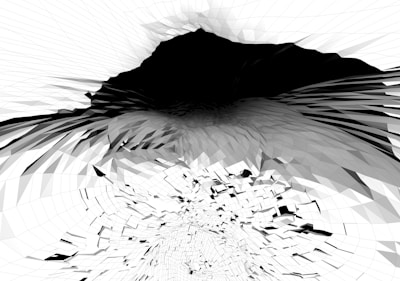 A digital artwork featuring an abstract design composed of geometric patterns in black, white, and shades of gray that create a sense of depth and movement. The shapes form a vortex-like structure that appears to be collapsing inward.