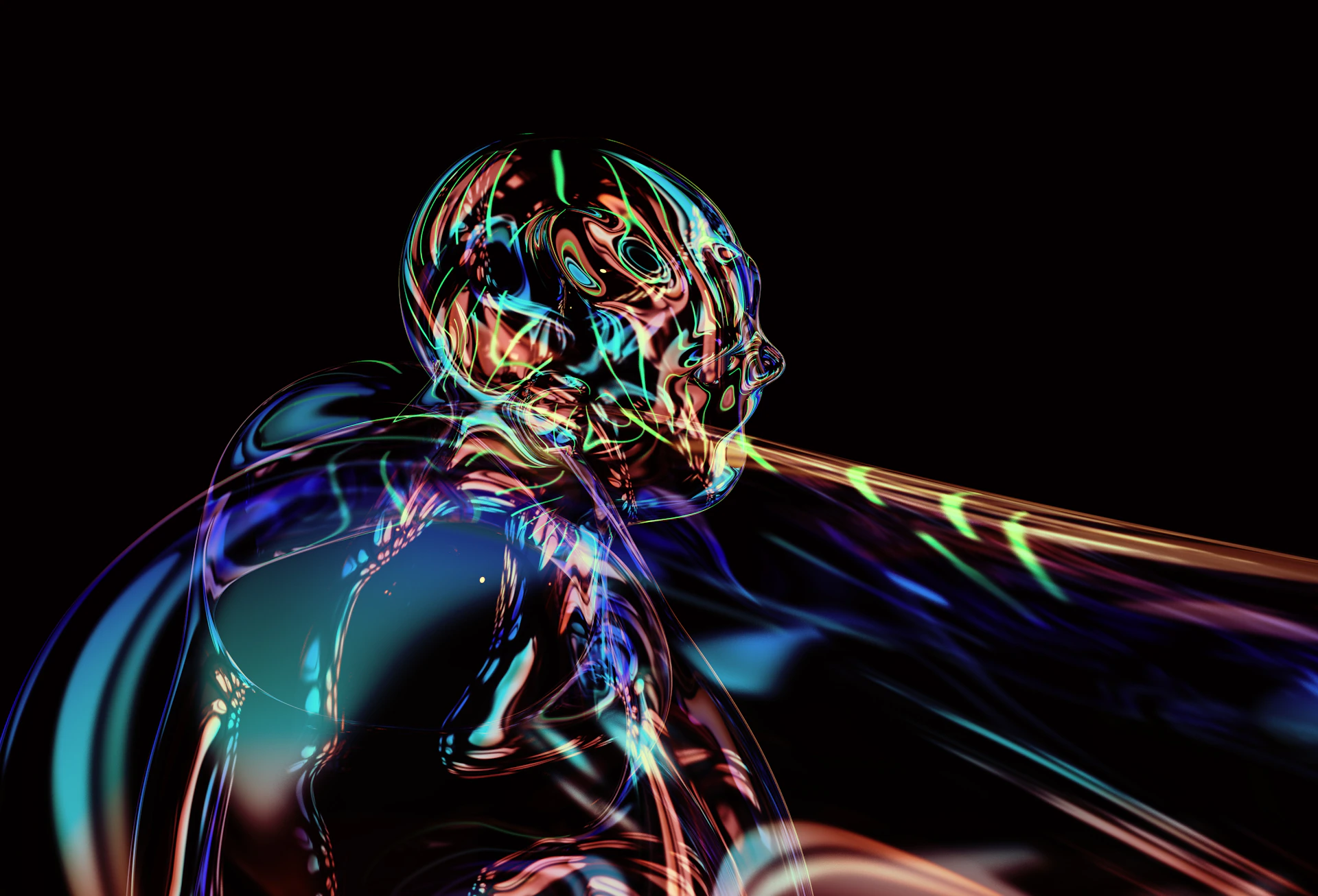 Vivid artwork showcasing a floating figure wrapped in colorful abstract patterns against a minimalist background.