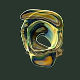 A translucent, abstract 3D shape with fluid and organic curves, displaying a range of colors reminiscent of oil on water. The object has a looped structure with smooth surfaces that reflect light.