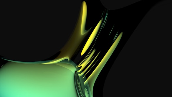 Vibrant abstract design featuring smooth, fluid shapes with a glossy texture in shades of green and yellow on a dark background. The curves and highlights suggest a sense of movement and energy.