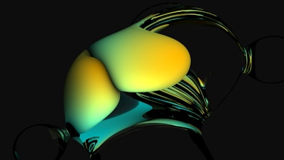 An abstract digital artwork features smooth, organic shapes in vibrant gradients of yellow and teal against a dark background. The forms appear glossy and fluid, with reflections and shadows creating a sense of depth.