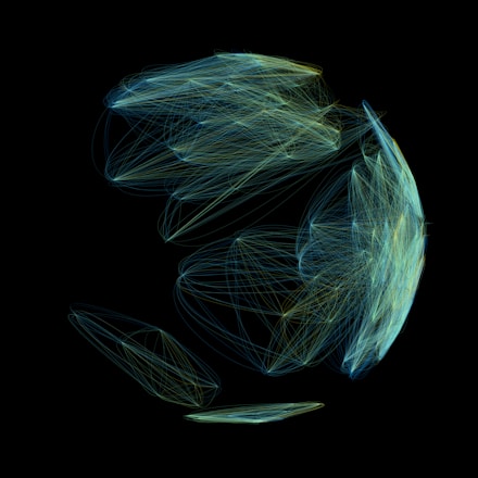 Abstract visualization of interconnected API data flows with encrypted overlays in dark blue and cyan tones.