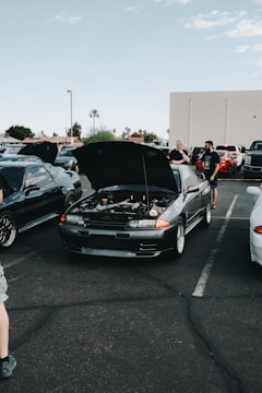 A car meet-up in a parking lot features several vehicles with their hoods open. In the center, a dark-colored car displays its engine for viewing. People are gathered around the cars, some engaged in conversation. The setting includes a clear sky and a few palm trees in the background.