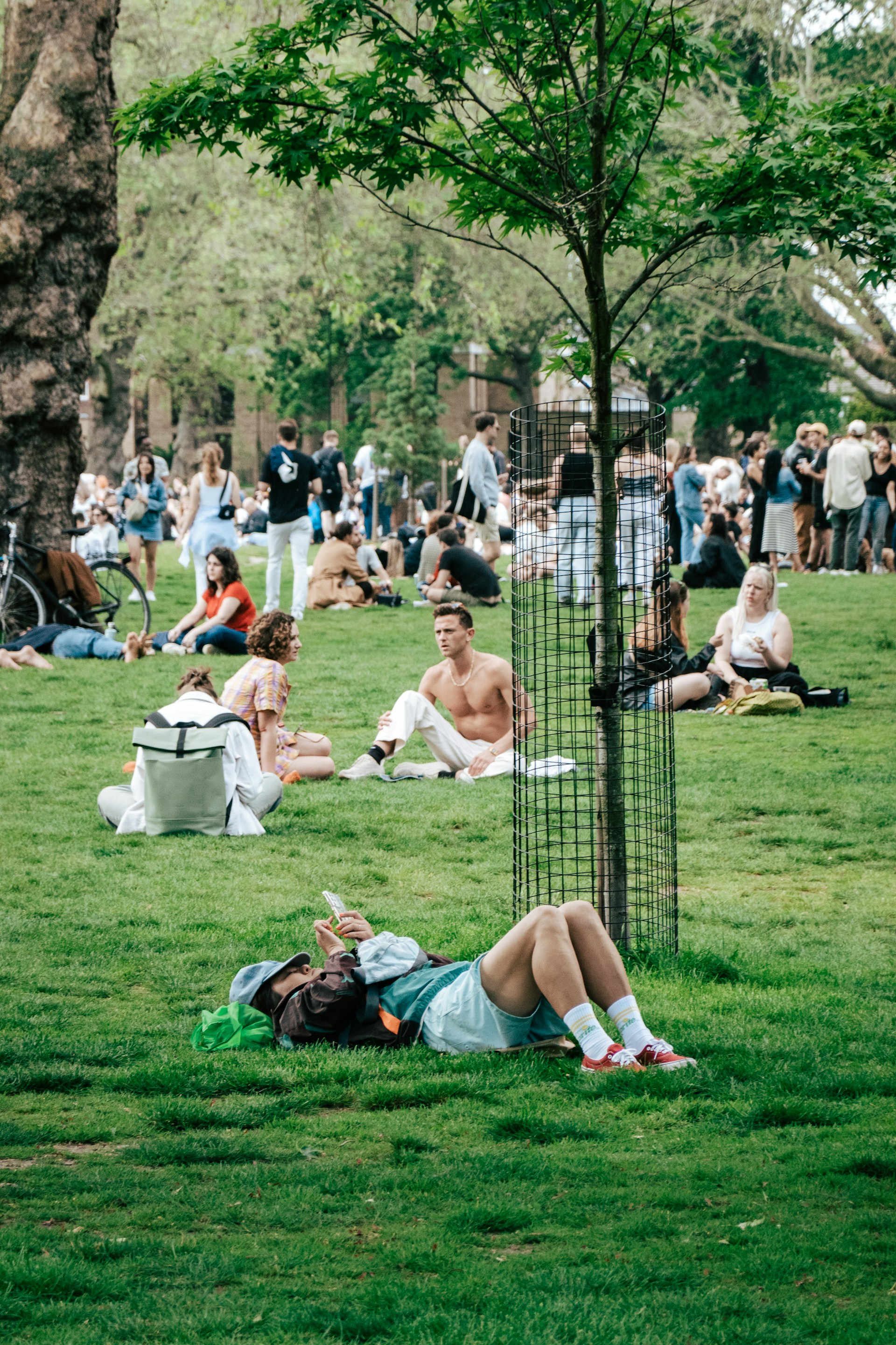 A diverse group of friends enjoying a sunny day in a city park, wearing stylish yet comfortable outfits.
