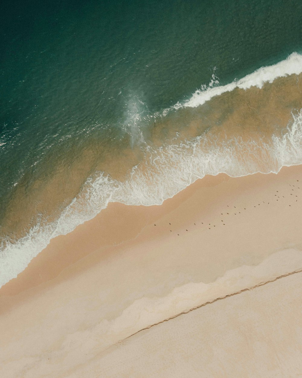 an aerial view of a sandy beach with waves