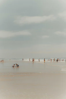 a group of people standing on top of a sandy beach