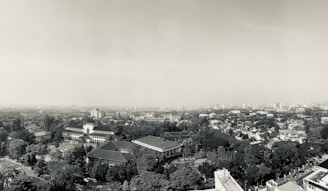 Aerial view of an urban landscape with a blend of modern and colonial-style buildings surrounded by numerous trees and greenery. The city unfolds into the distance, with a hazy sky above and scattered high-rise buildings visible in the background. The architecture and layout suggest a harmonious integration of urban development and nature.