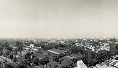 Aerial view of an urban landscape with a blend of modern and colonial-style buildings surrounded by numerous trees and greenery. The city unfolds into the distance, with a hazy sky above and scattered high-rise buildings visible in the background. The architecture and layout suggest a harmonious integration of urban development and nature.