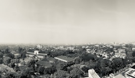Aerial view of an urban landscape with a blend of modern and colonial-style buildings surrounded by numerous trees and greenery. The city unfolds into the distance, with a hazy sky above and scattered high-rise buildings visible in the background. The architecture and layout suggest a harmonious integration of urban development and nature.