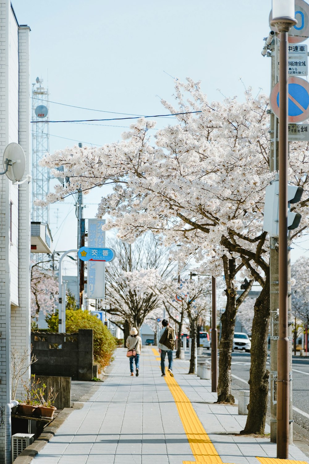 a couple of people walking down a sidewalk