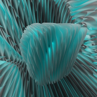 An abstract, flowing structure with ribbed, wave-like patterns in shades of turquoise and gray. The intricate design features soft curves and folds, creating a sense of motion and depth.