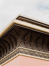 An architectural detail of a building's corner with ornate decorative patterns. The molding features symmetrical, intricate designs resembling leaves and circular floral motifs. The structure is painted in soft pink and earthy brown tones, with a smooth finish.