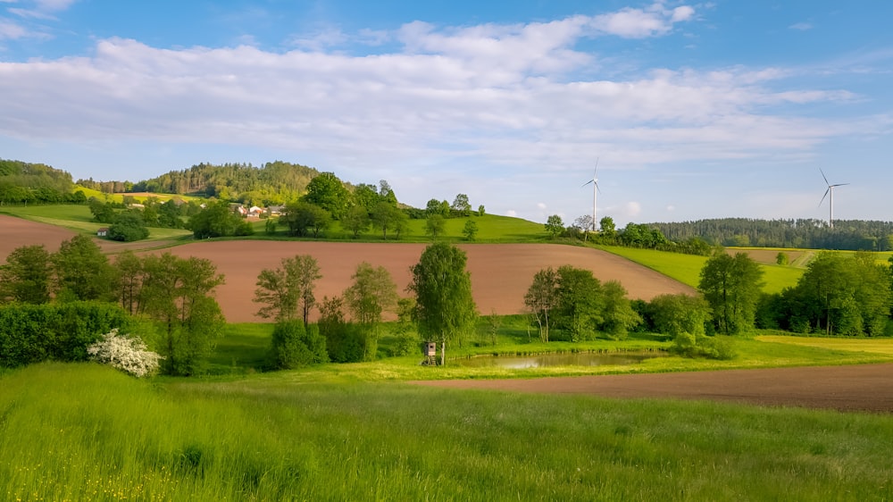 a lush green field with wind mills in the distance