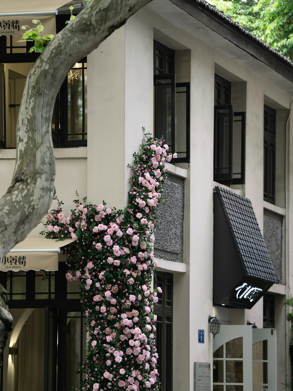 a building with pink flowers growing on the side of it