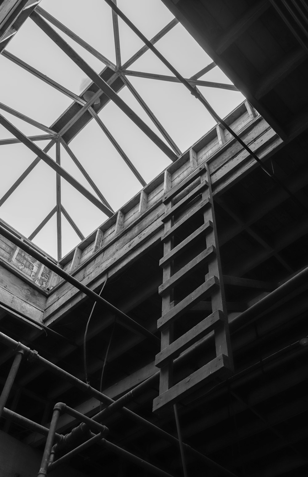 uma foto em preto e branco de uma escada em um prédio