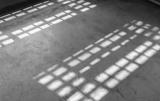 a black and white photo of a room with many windows