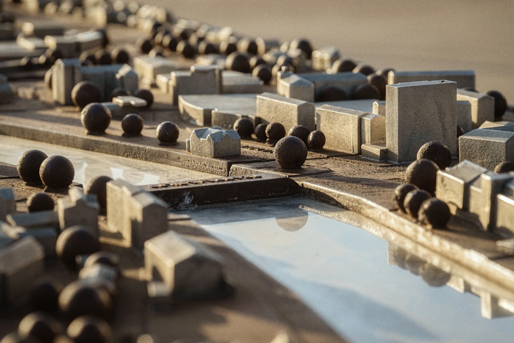 a group of cement blocks sitting on top of a street