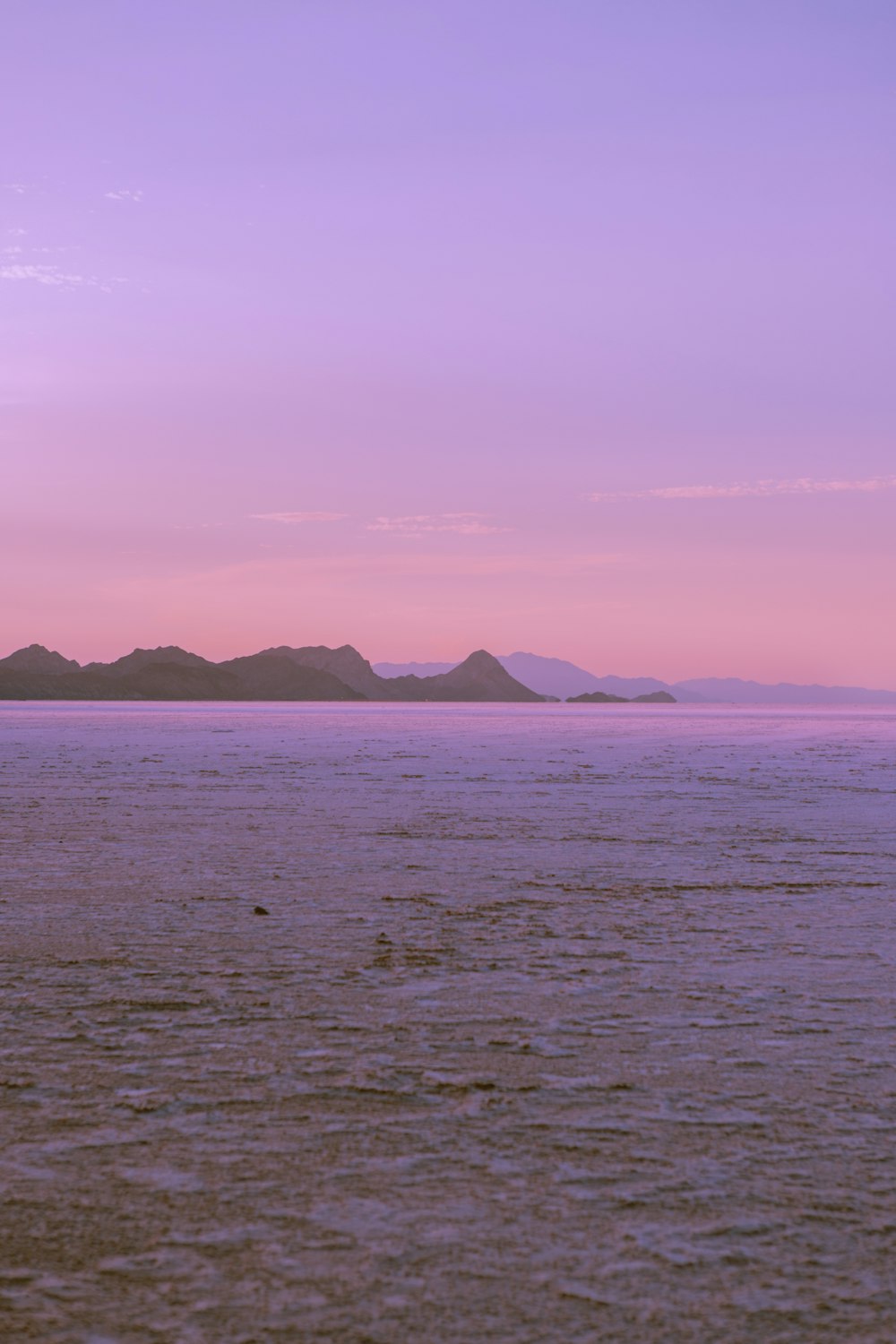 a large body of water sitting under a purple sky