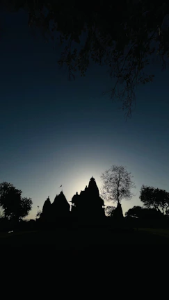 A cinematic frame showing a serene temple setting at dusk, highlighting spiritual ambiance with deep shadows and warm highlights.