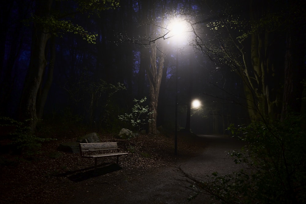 a park bench sitting under a street light