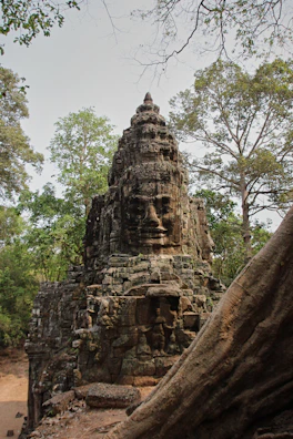 Ancient stone carvings on a centuries-old Puebla monument surrounded by lush greenery.