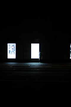 A dark street scene features three illuminated advertising panels against a black wall. A solitary person stands in front of the middle panel, partially silhouetted by the bright light. The panels emit a stark white and bluish glow, contrasted sharply by the surrounding darkness.